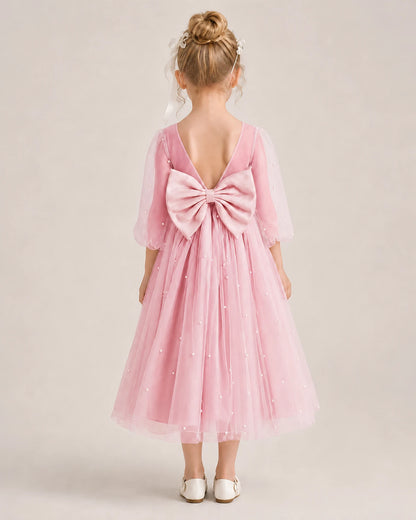 Dideyttawl Puff Sleeve Pearl Satin Tulle Flower Girl Dress