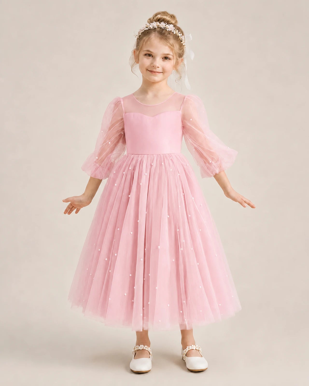 Dideyttawl Puff Sleeve Pearl Satin Tulle Flower Girl Dress