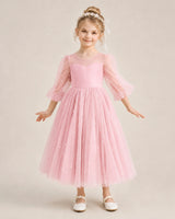 Pink Satin and Tulle Puff Sleeve Flower Girl Dress Front View