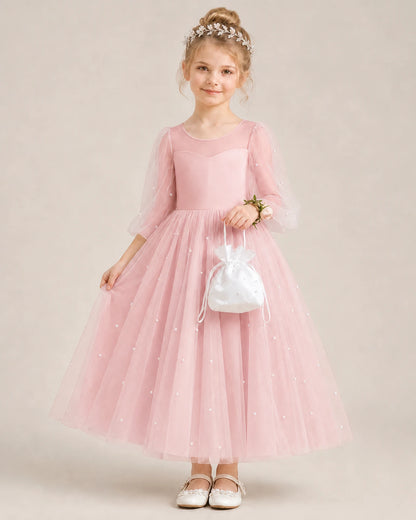 Dideyttawl Puff Sleeve Pearl Satin Tulle Flower Girl Dress