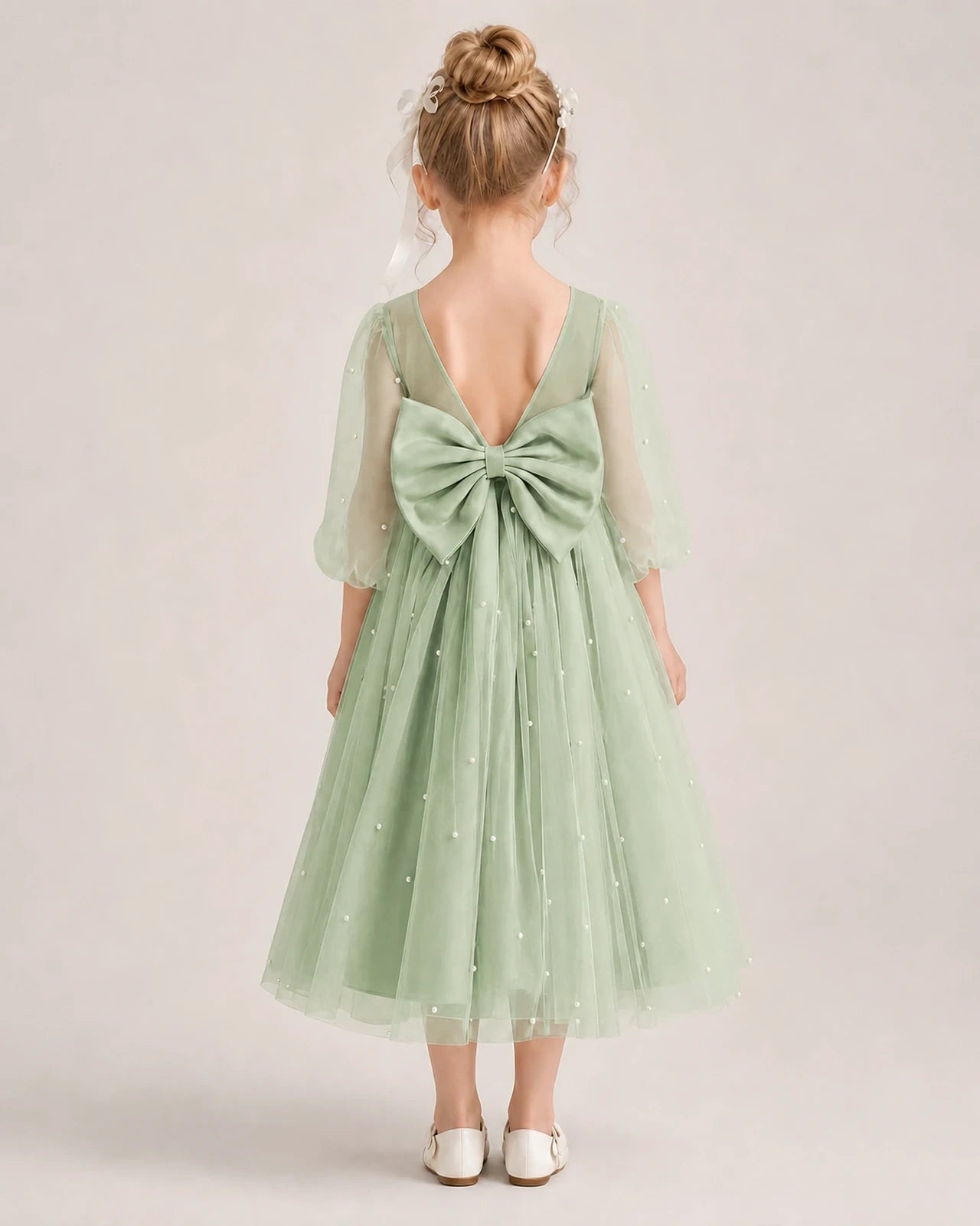 Dideyttawl Puff Sleeve Pearl Satin Tulle Flower Girl Dress