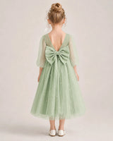 Sage Green Satin and Tulle V-Back Bow Flower Girl Dress Back View