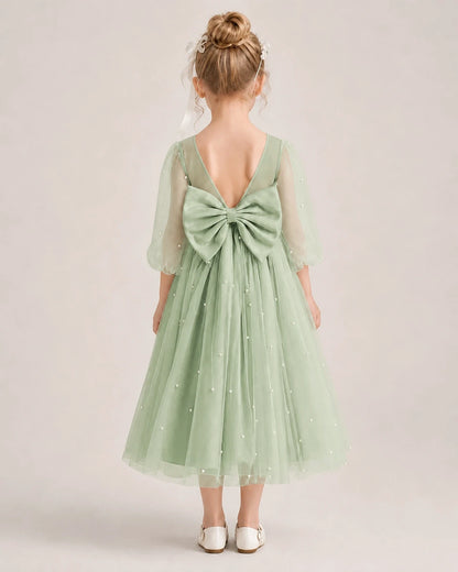 Dideyttawl Puff Sleeve Pearl Satin Tulle Flower Girl Dress