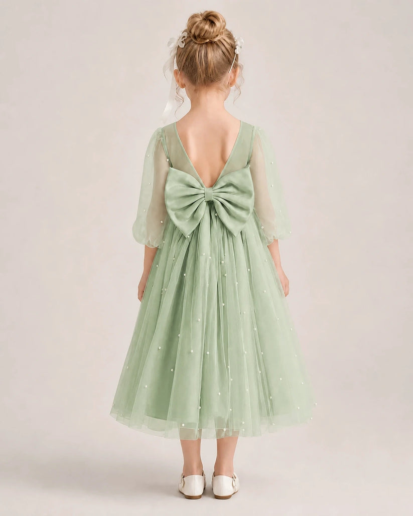 Sage Green Satin and Tulle V-Back Bow Flower Girl Dress Back View