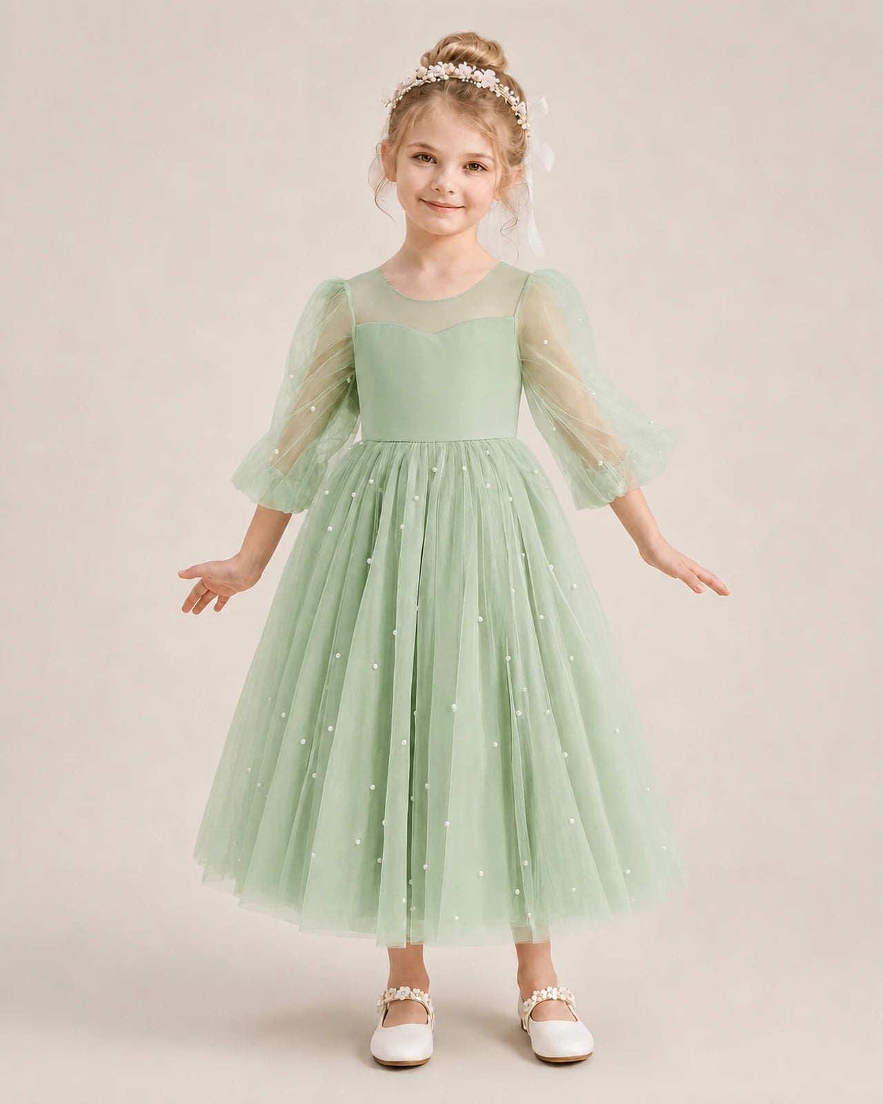 Dideyttawl Puff Sleeve Pearl Satin Tulle Flower Girl Dress