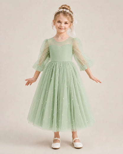 Dideyttawl Puff Sleeve Pearl Satin Tulle Flower Girl Dress