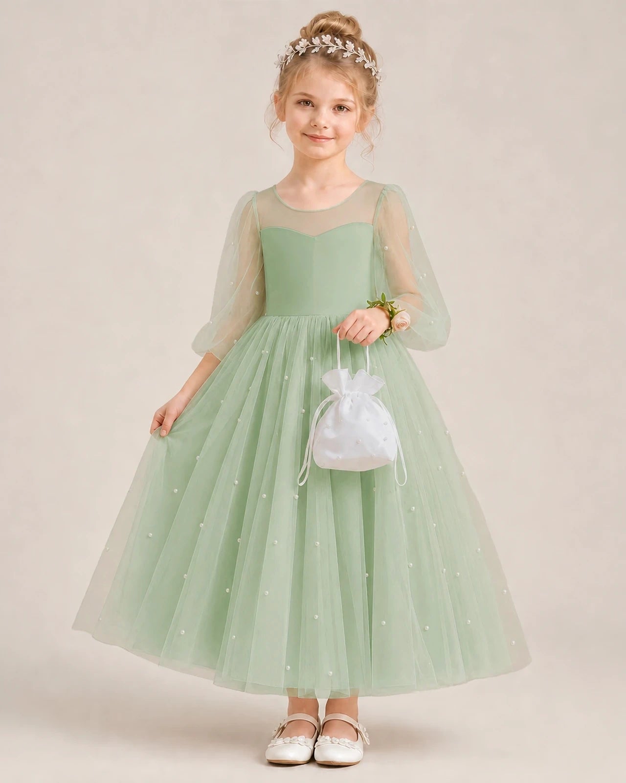 Dideyttawl Puff Sleeve Pearl Satin Tulle Flower Girl Dress