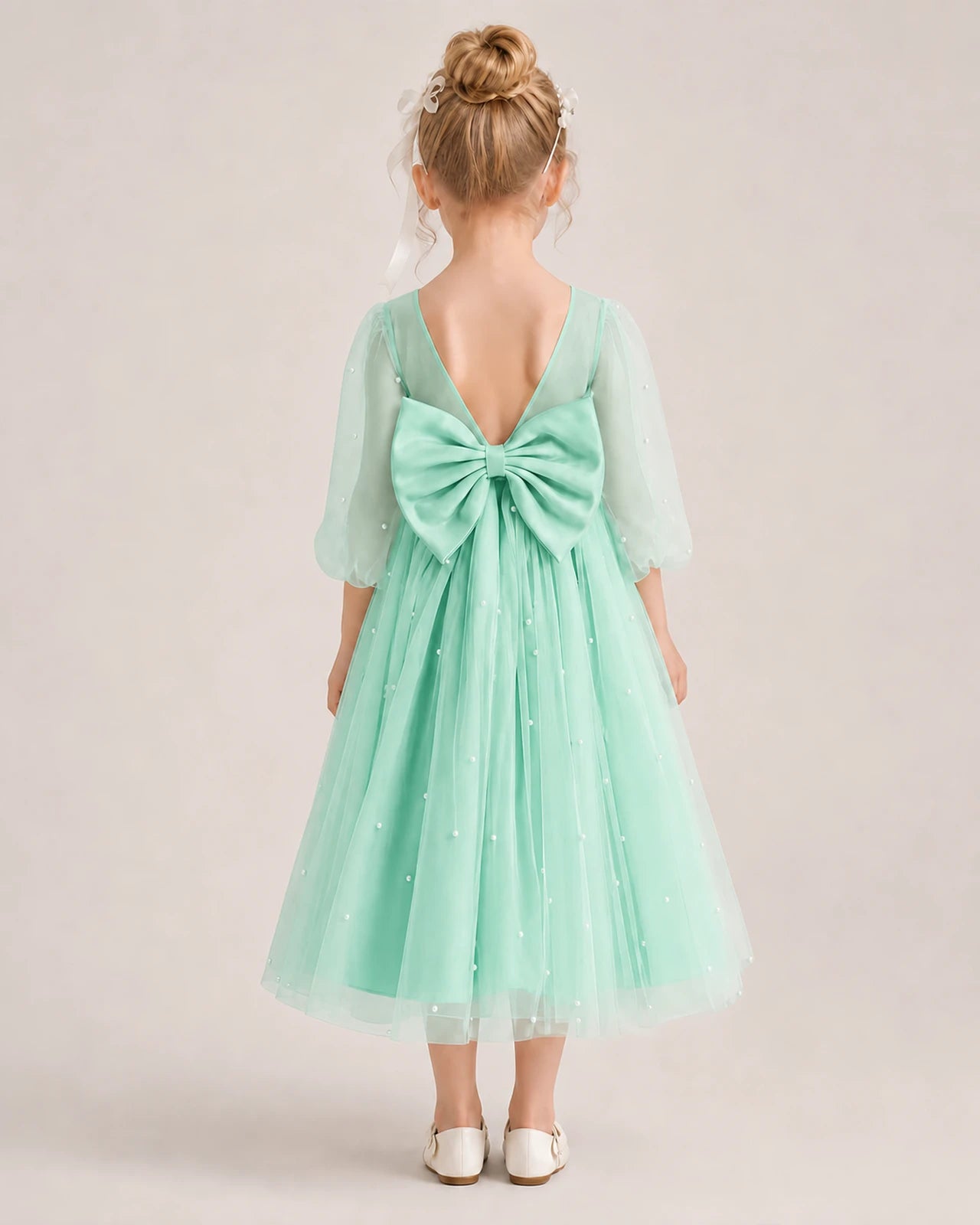 Dideyttawl Puff Sleeve Pearl Satin Tulle Flower Girl Dress