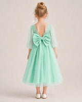 Turquoise Satin and Tulle V-Back Bow Flower Girl Dress Back View