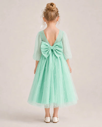 Dideyttawl Puff Sleeve Pearl Satin Tulle Flower Girl Dress