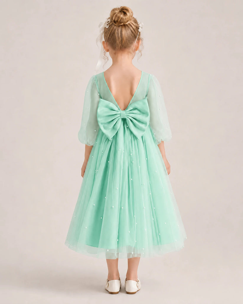 Turquoise Satin and Tulle V-Back Bow Flower Girl Dress Back View