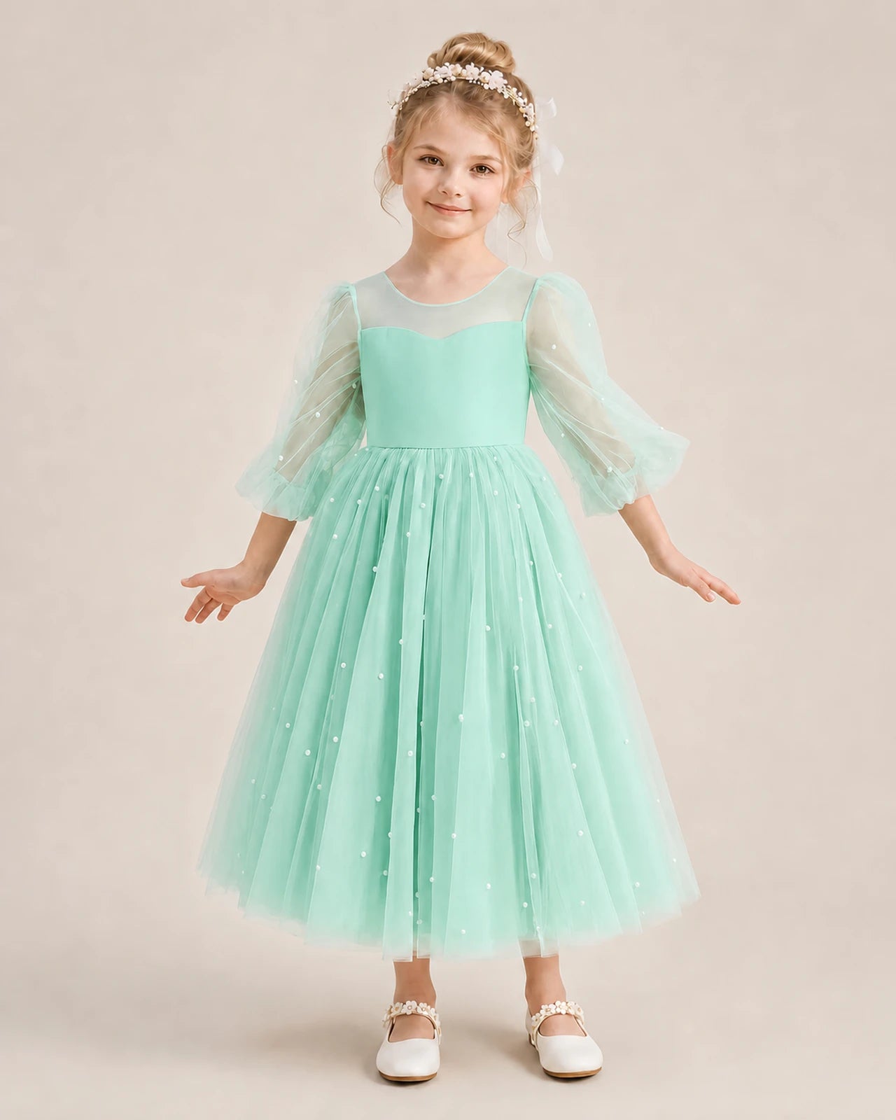 Dideyttawl Puff Sleeve Pearl Satin Tulle Flower Girl Dress