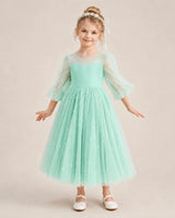 Turquoise Satin and Tulle Ball Gown Flower Girl Dress Front View