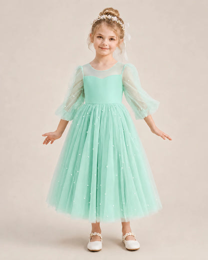 Dideyttawl Puff Sleeve Pearl Satin Tulle Flower Girl Dress