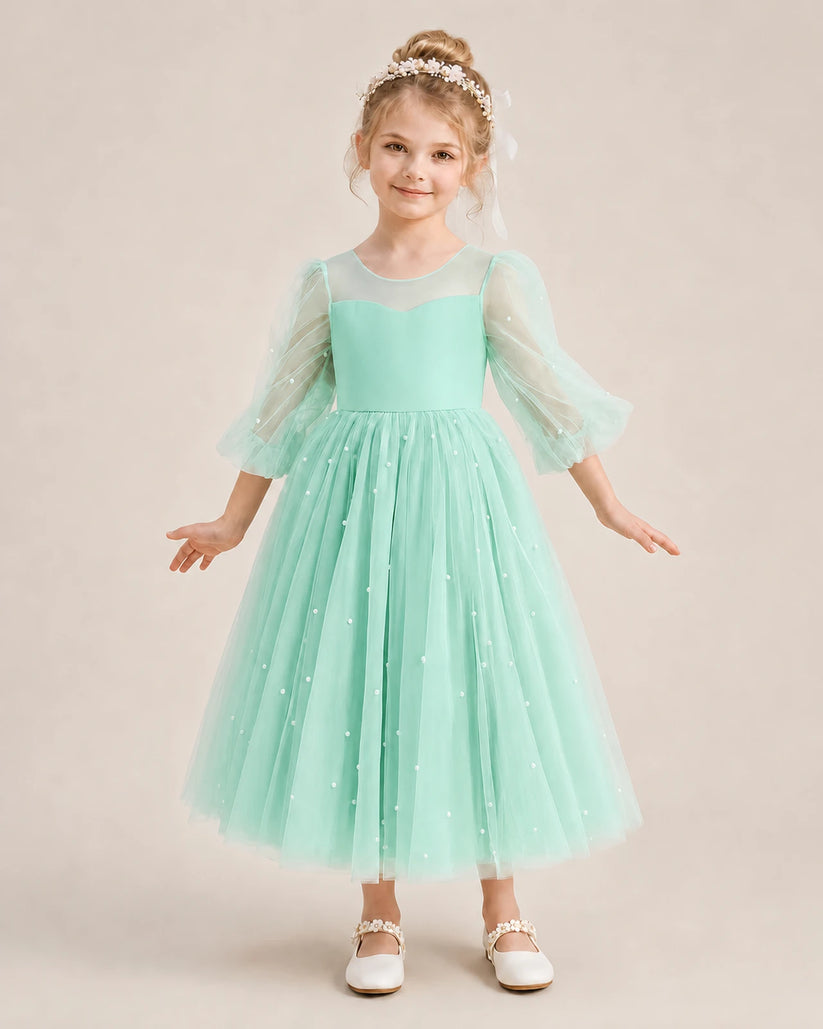 Turquoise Satin and Tulle Ball Gown Flower Girl Dress Front View