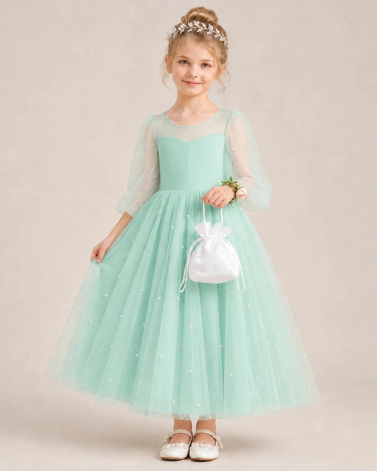 Dideyttawl Puff Sleeve Pearl Satin Tulle Flower Girl Dress