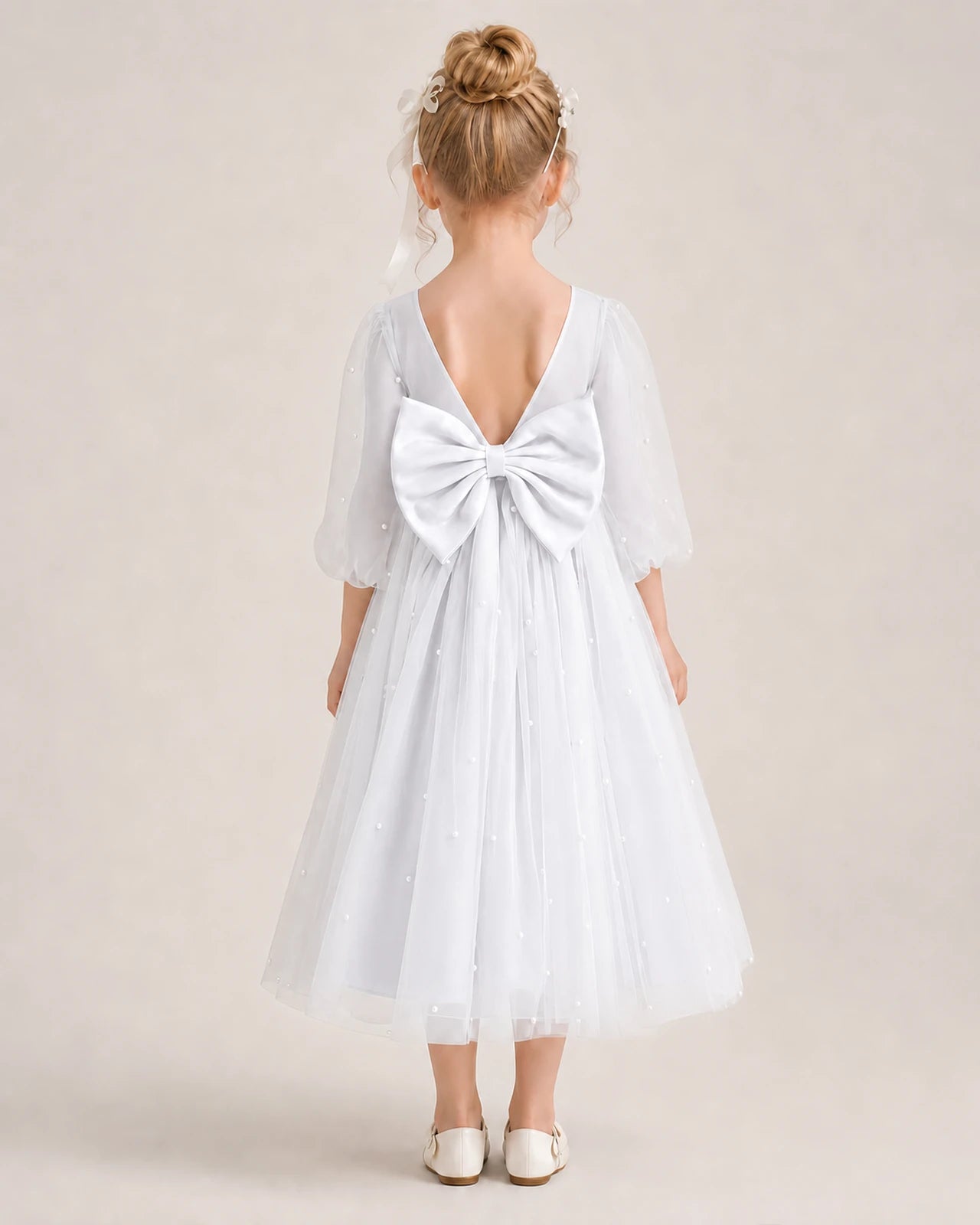 Dideyttawl Puff Sleeve Pearl Satin Tulle Flower Girl Dress