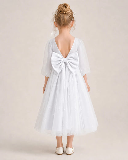 Dideyttawl Puff Sleeve Pearl Satin Tulle Flower Girl Dress