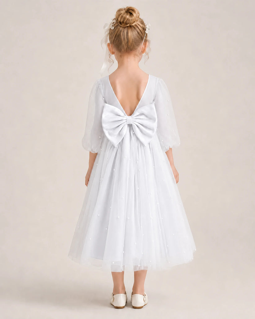 White Satin and Tulle V-Back Bow Flower Girl Dress, Back View