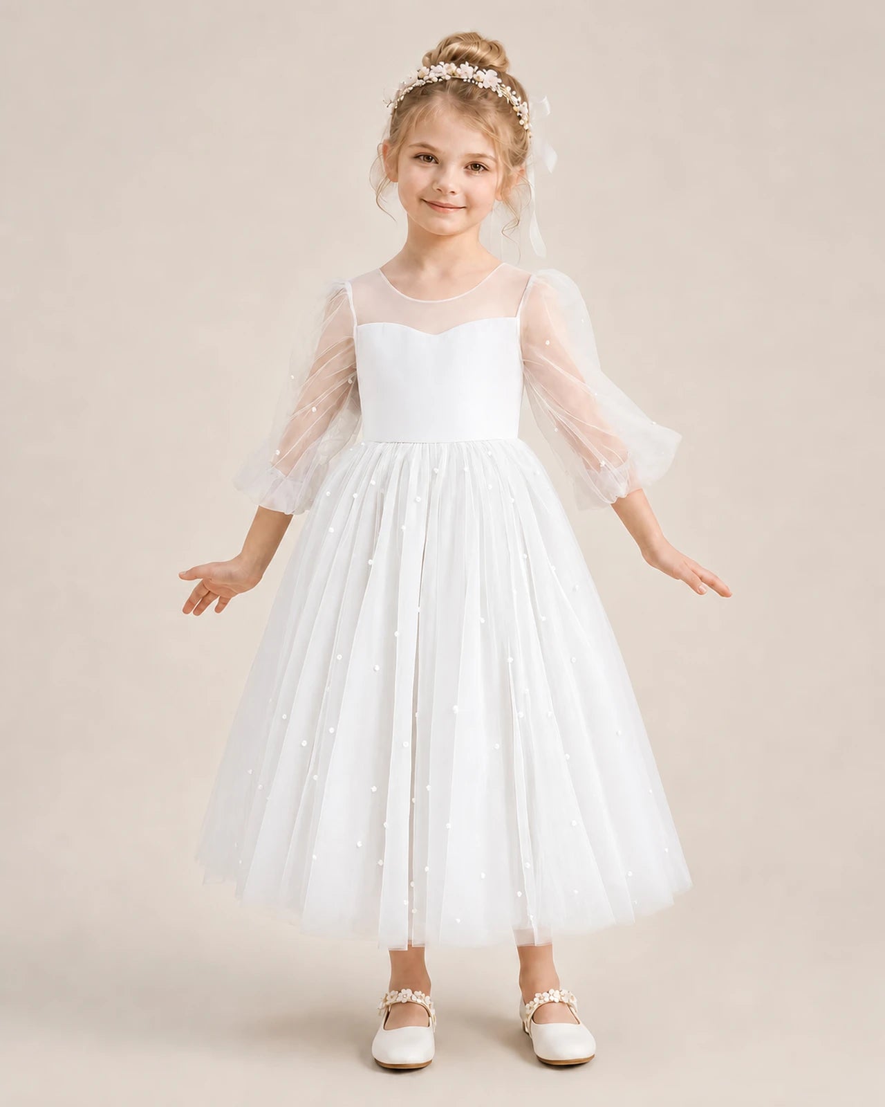 Dideyttawl Puff Sleeve Pearl Satin Tulle Flower Girl Dress