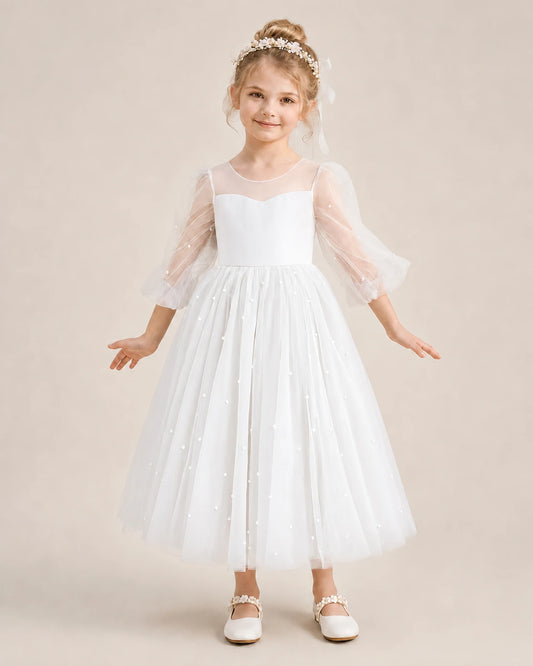 White Satin and Tulle A-Line Flower Girl Dresses Front View