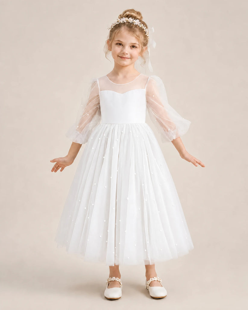 White Satin and Tulle A-Line Flower Girl Dresses Front View