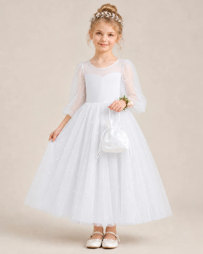 Dideyttawl Puff Sleeve Pearl Satin Tulle Flower Girl Dress