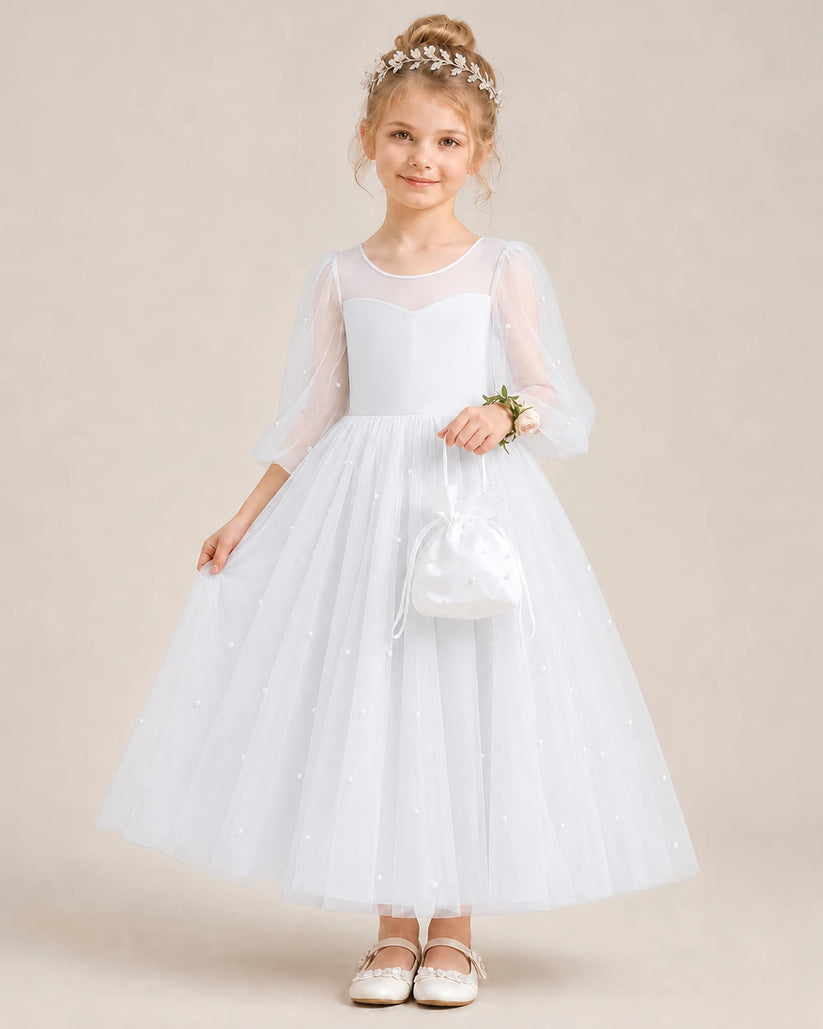 White Satin Tulle Ball Gown Flower Girl Dress