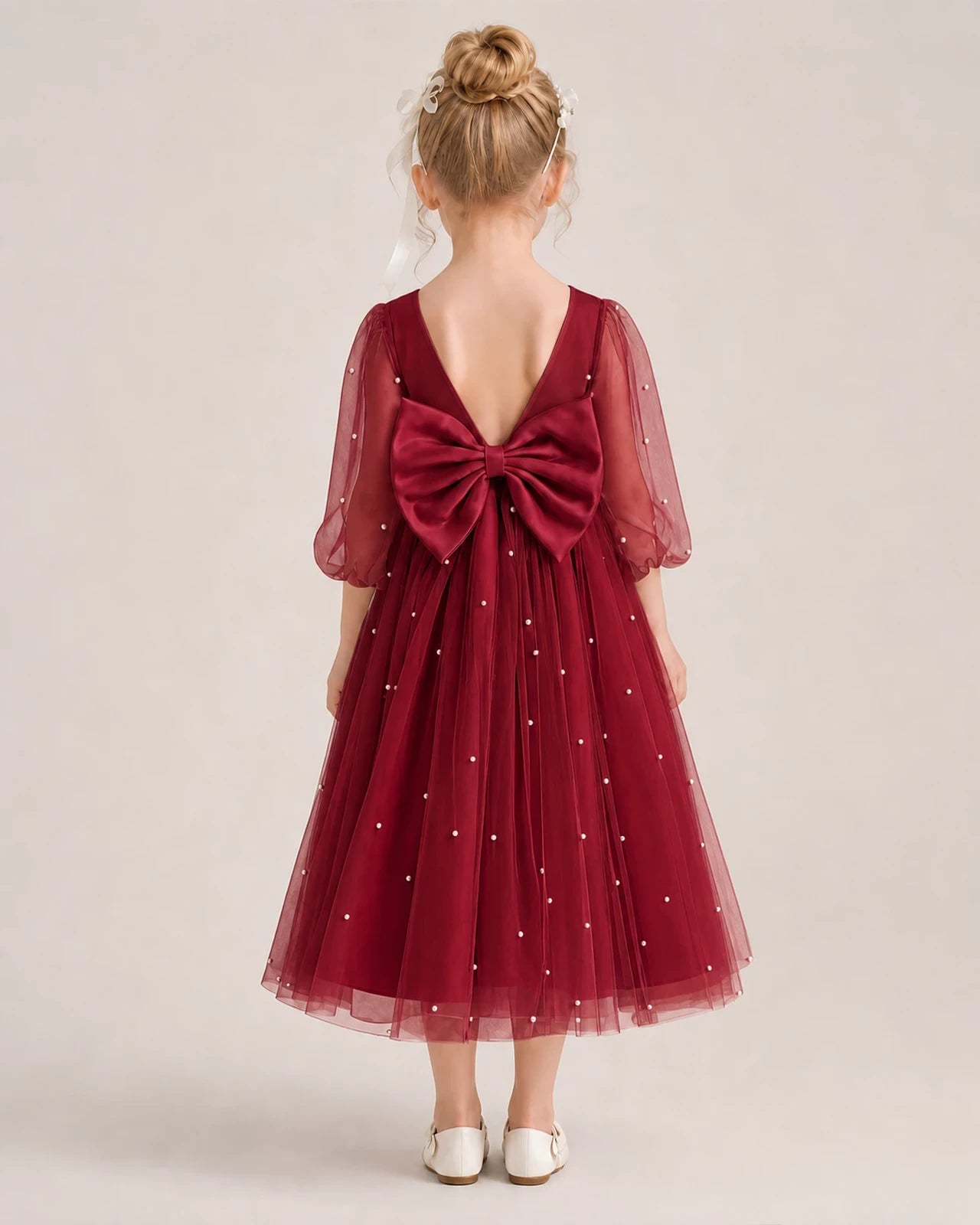 Dideyttawl Puff Sleeve Pearl Satin Tulle Flower Girl Dress