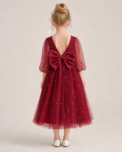 Dideyttawl Puff Sleeve Pearl Satin Tulle Flower Girl Dress