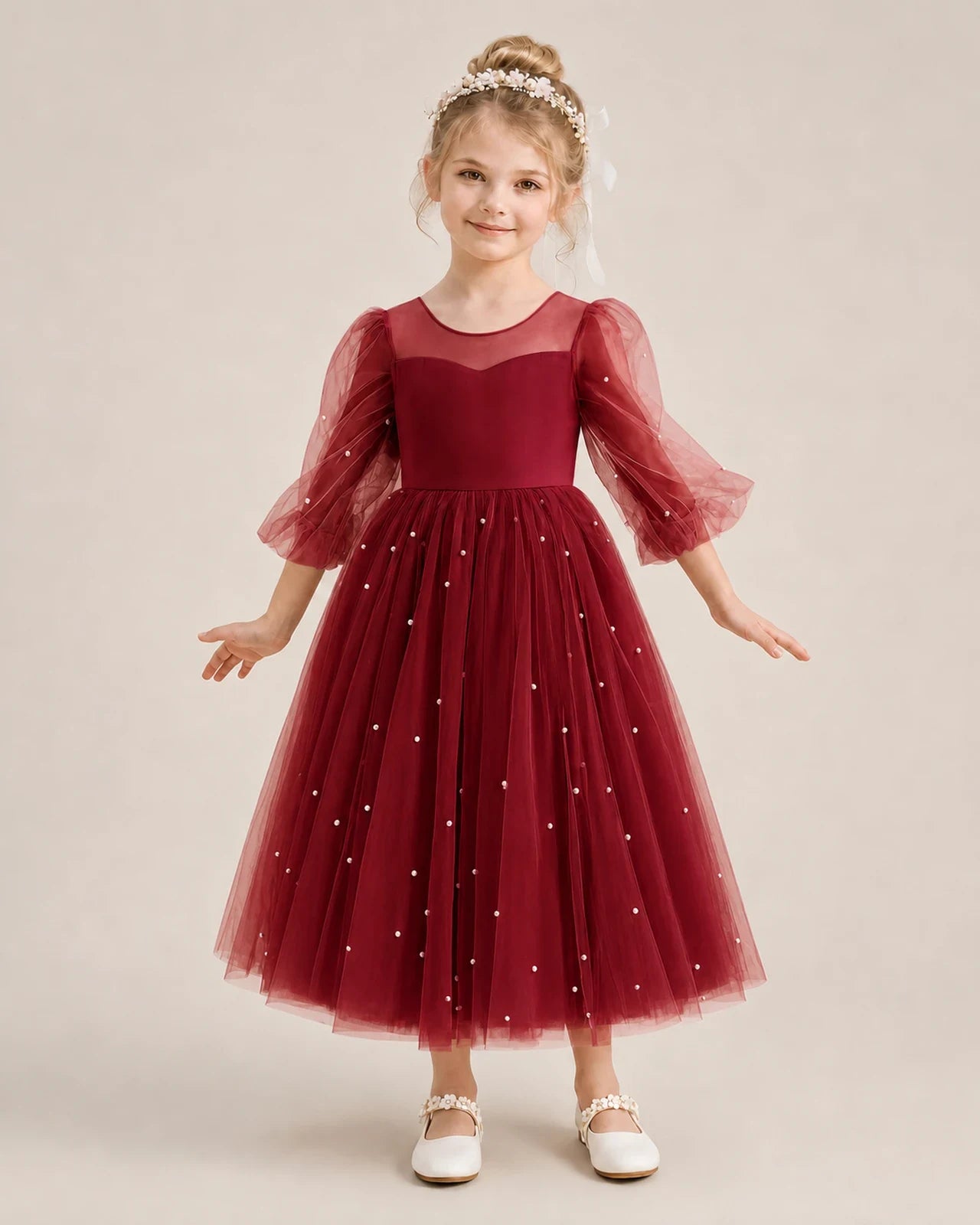Dideyttawl Puff Sleeve Pearl Satin Tulle Flower Girl Dress
