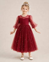 Windred Satin Tulle Puff Sleeve Flower Girl Dress Front View