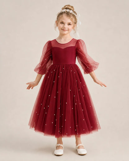 Dideyttawl Puff Sleeve Pearl Satin Tulle Flower Girl Dress