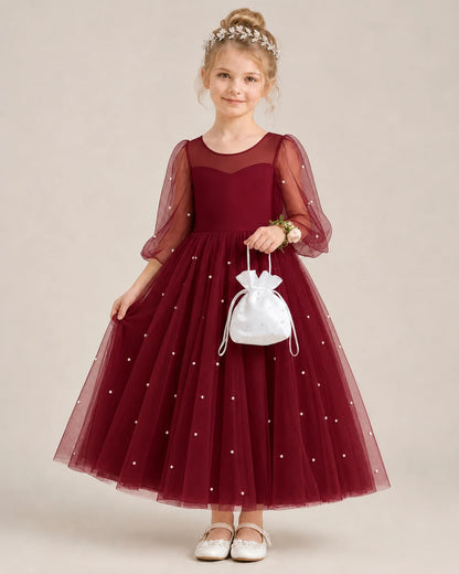 Dideyttawl Puff Sleeve Pearl Satin Tulle Flower Girl Dress