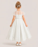 Ivory Tulle Tiered A-Line Flower Girl Dress Back View