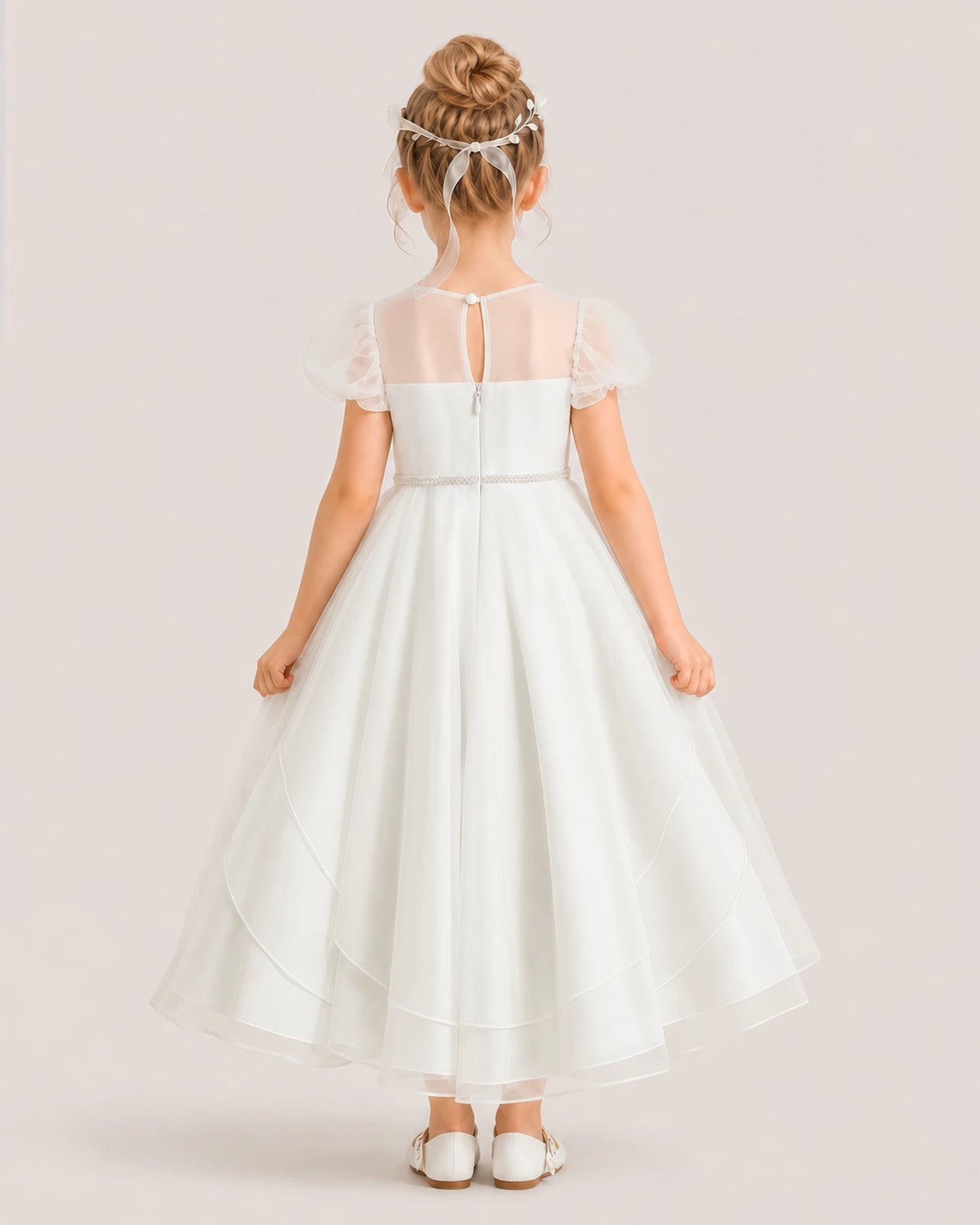 Ivory Tulle Tiered A-Line Flower Girl Dress Back View