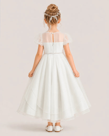 Ivory Tulle Tiered A-Line Flower Girl Dress Back View