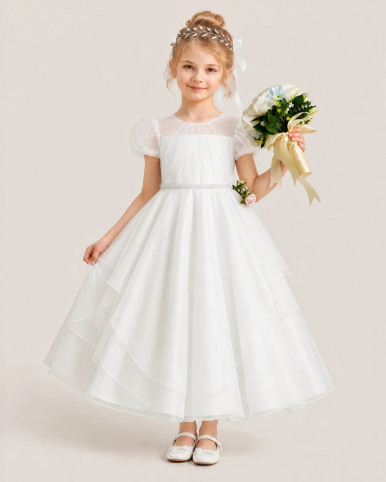 Ivory Tulle Puff Sleeve Flower Girl Dress Front View