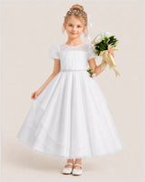 White Tulle Tiered Flower Girl Dresses Front View