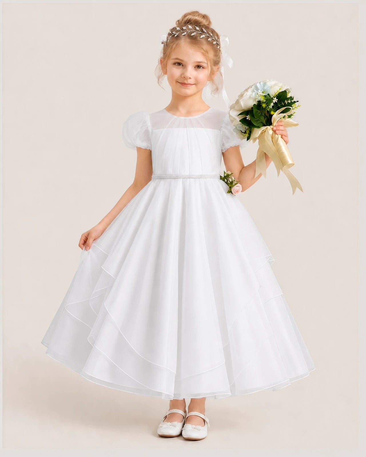 White Tulle Tiered Flower Girl Dresses Front View