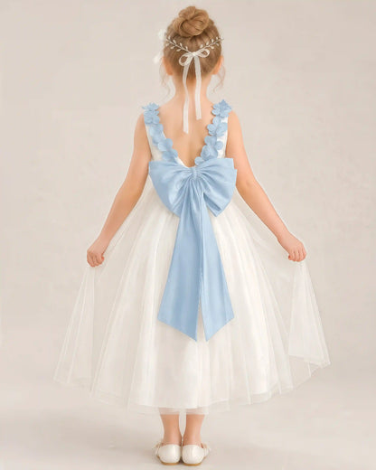 Dideyttawl Tulle Flower Girl Dress with 3D Flower Straps and Back Bow