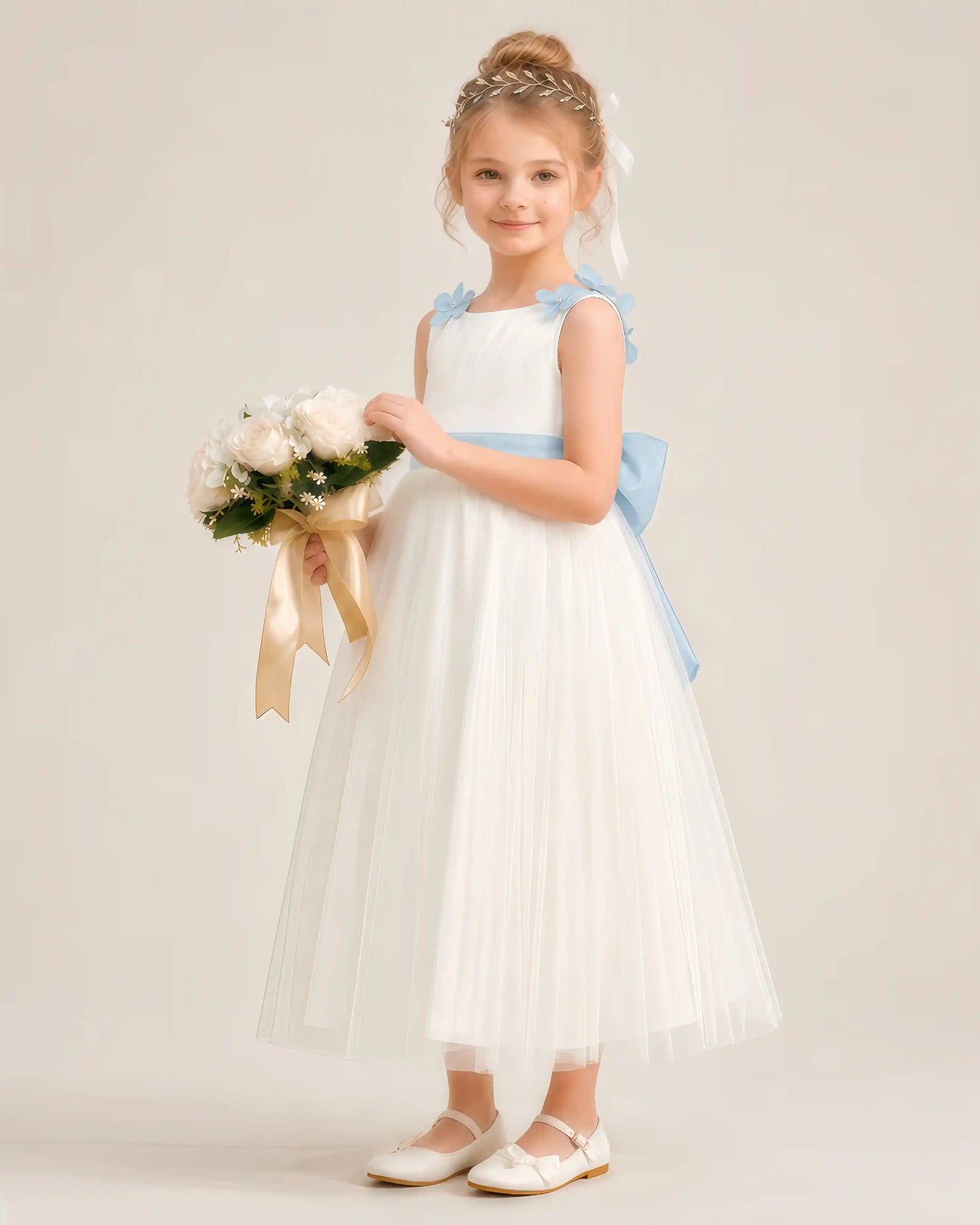 Dideyttawl Tulle Flower Girl Dress with 3D Flower Straps and Back Bow