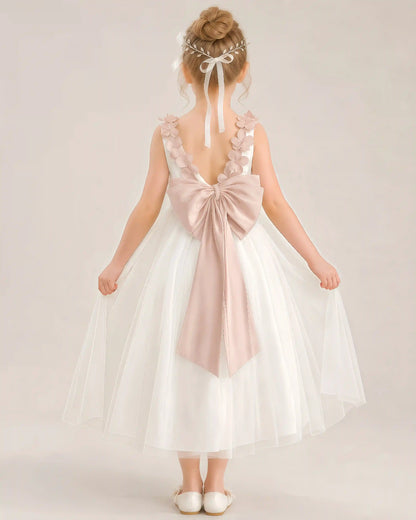 Dideyttawl Tulle Flower Girl Dress with 3D Flower Straps and Back Bow