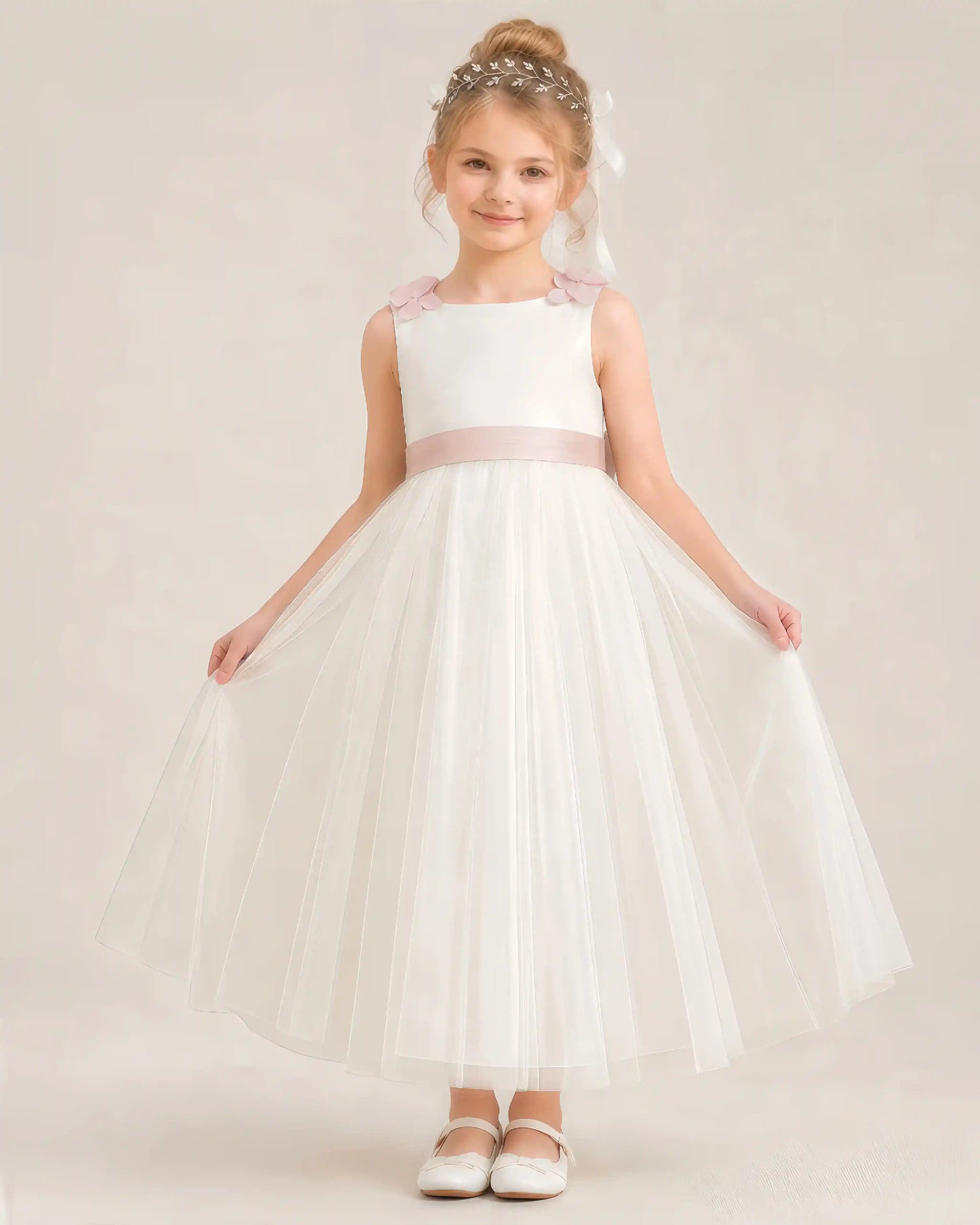 Dideyttawl Tulle Flower Girl Dress with 3D Flower Straps and Back Bow