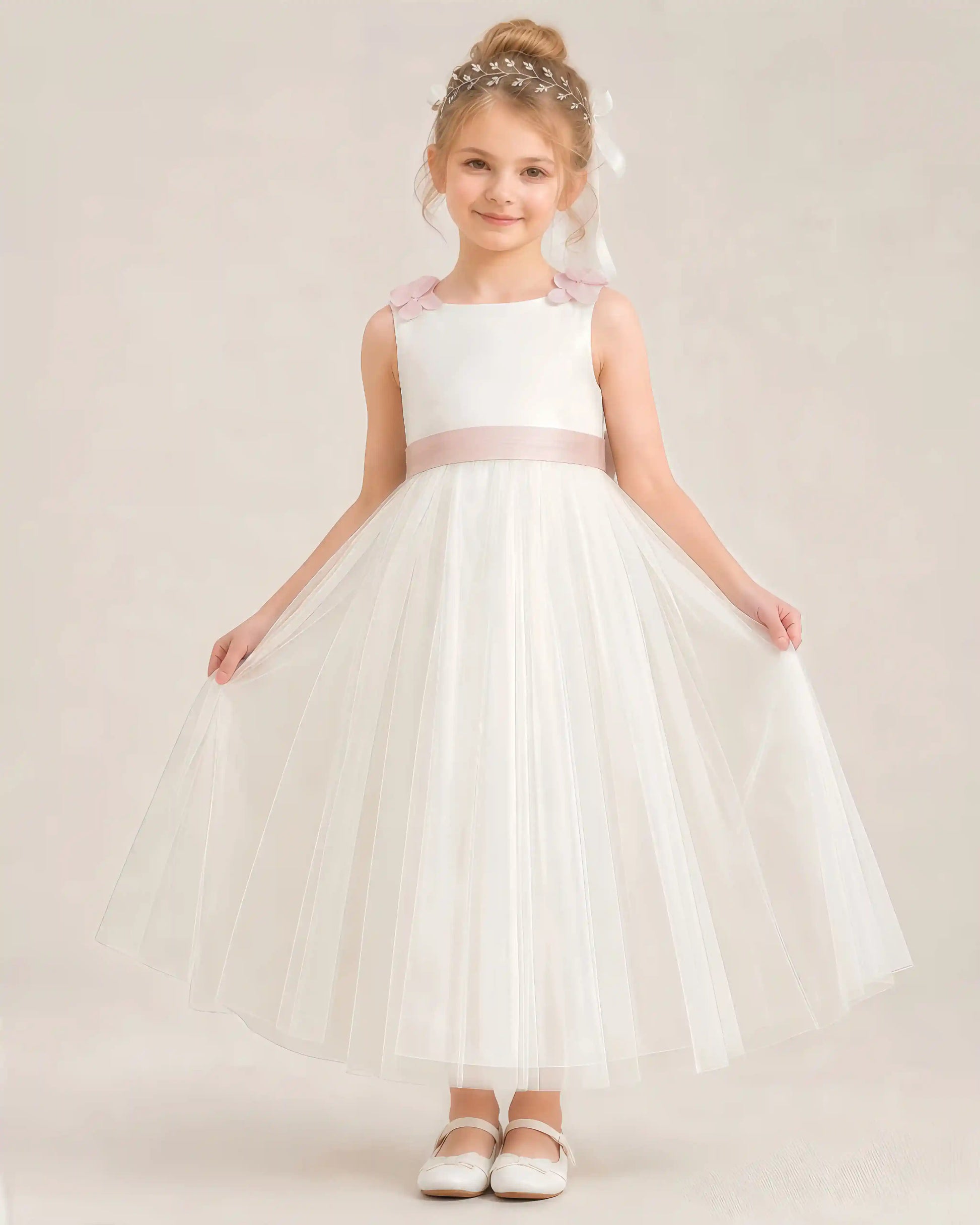 Blush Pink Tulle A-Line Flower Girl Dresses Front View