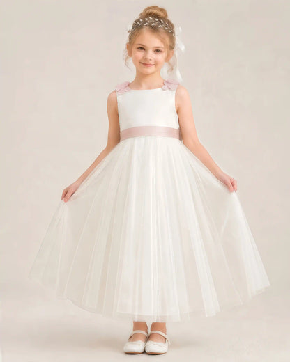 Dideyttawl Tulle Flower Girl Dress with 3D Flower Straps and Back Bow