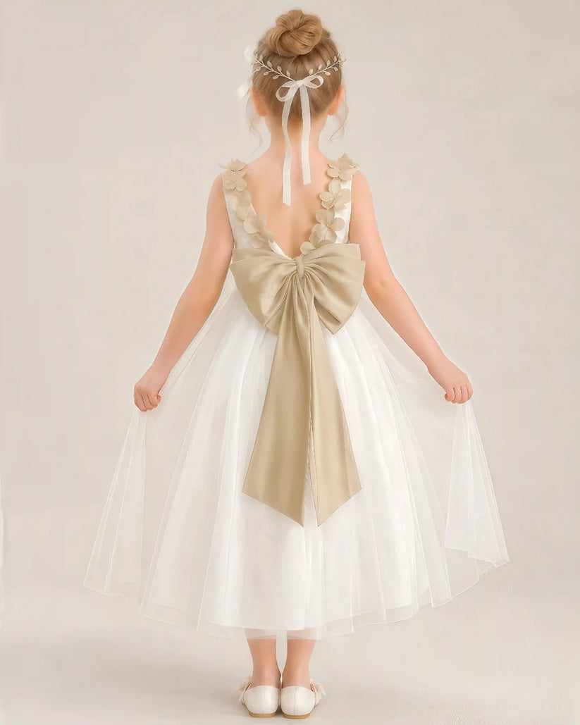 Champagne Tulle A-Line Flower Girl Dresses Back View