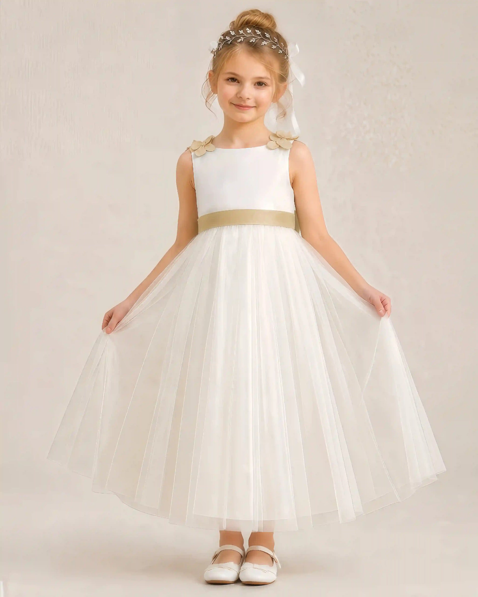Champagne Tulle A-Line Flower Girl Dresses Front View