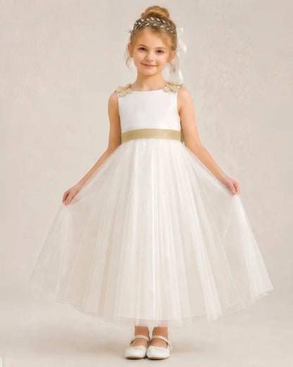 Dideyttawl Tulle Flower Girl Dress with 3D Flower Straps and Back Bow