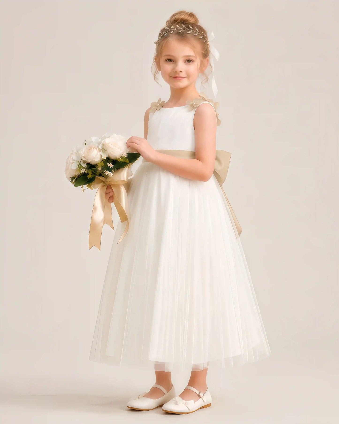 Dideyttawl Tulle Flower Girl Dress with 3D Flower Straps and Back Bow